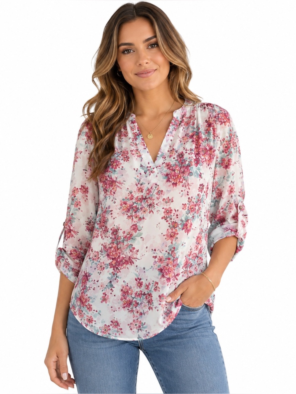 Wishful Park Floral Semi Sheer V-Neck Roll Tab Blouse Pink Medium